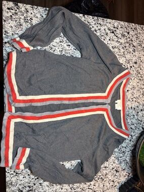 kate spade Gray Cardigan with Red and Cream Stripe Trim